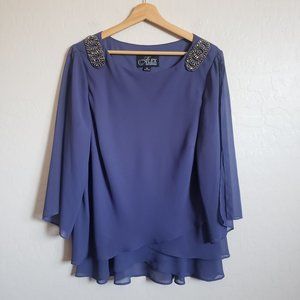 Alex Evenings Chiffon Rhinestone Layered Blouse Sheer Sleeves Purple Women's XL